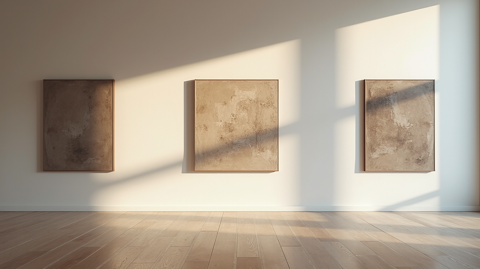 Eye-level view of a modern art gallery wall with textured paintings