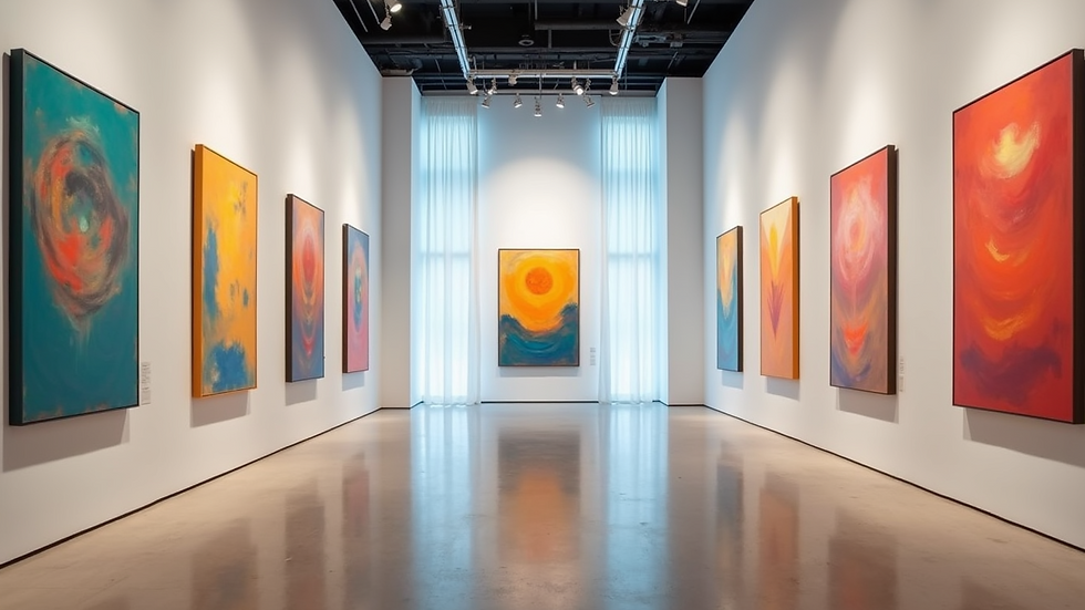 Eye-level view of a modern art gallery with colorful abstract paintings