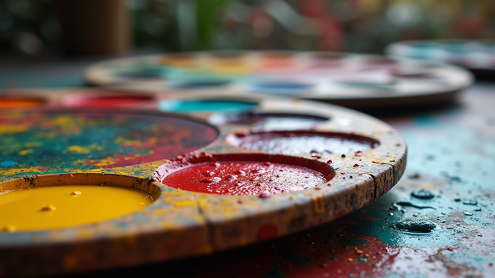Eye-level view of a vibrant oil painting palette