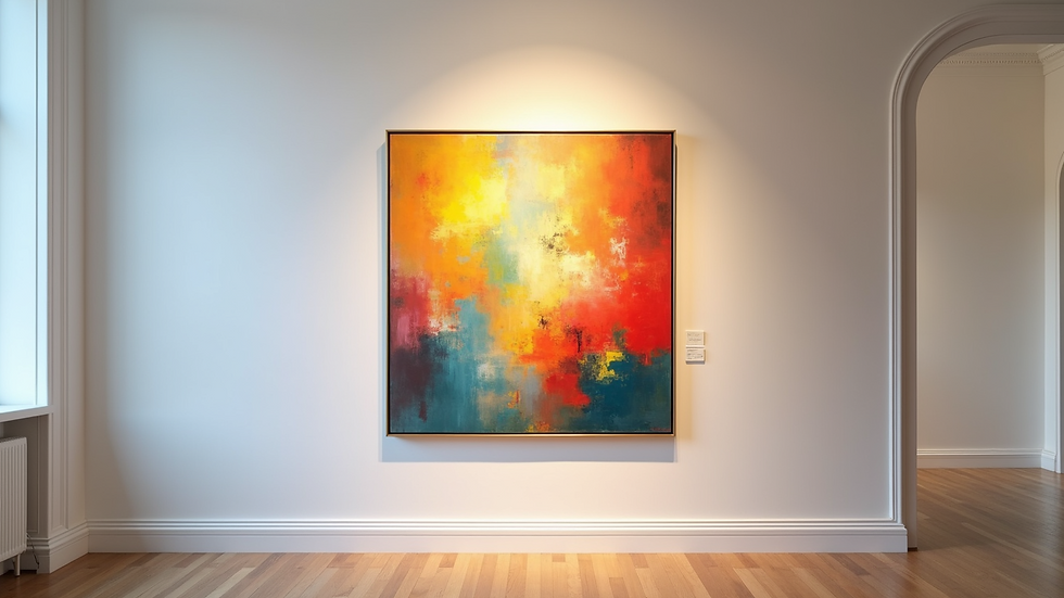 Eye-level view of a colorful abstract painting on a gallery wall