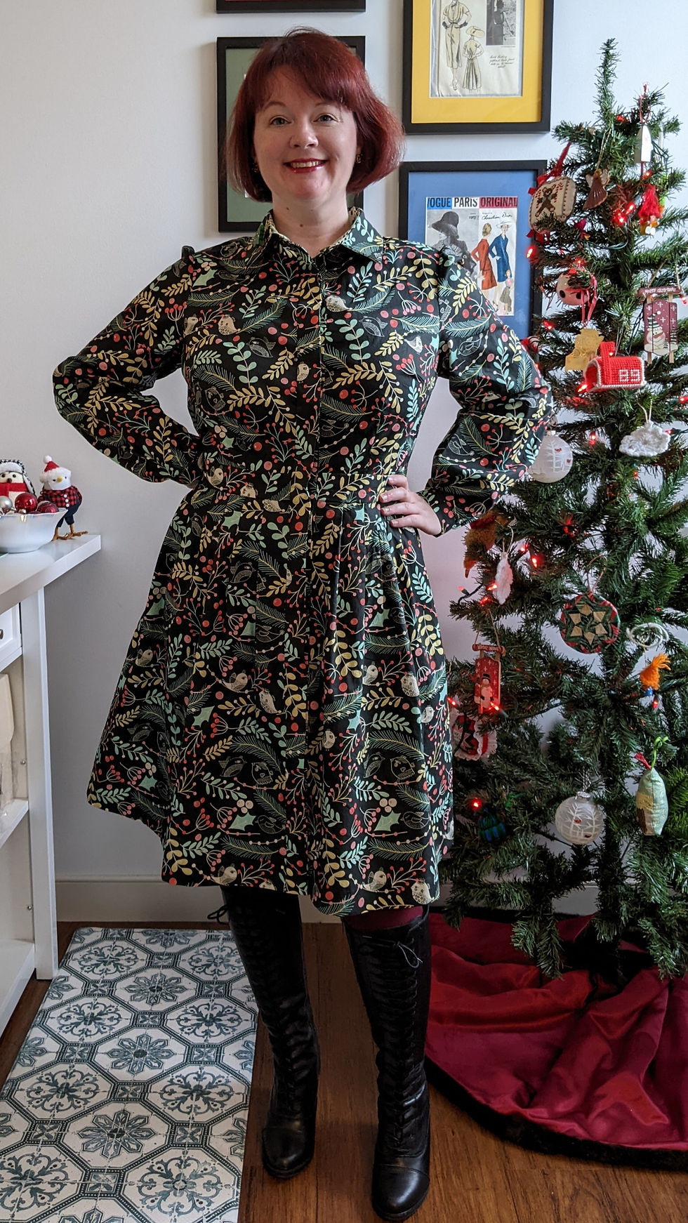 Christmas Bird Print Shirtdress