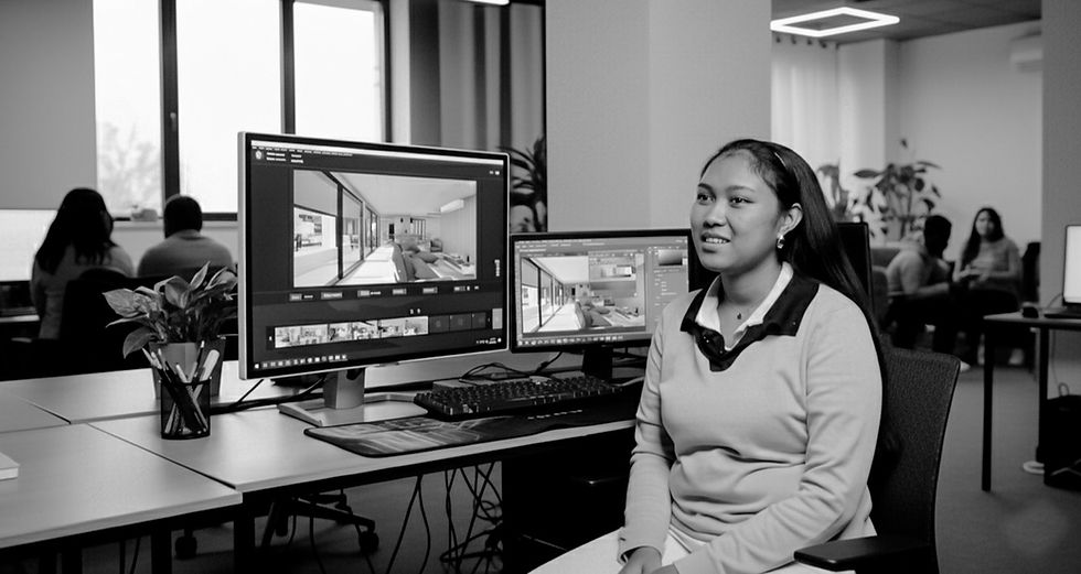 Designer working with 3D rendering software at a workstation, collaborative studio background — architecture visualization