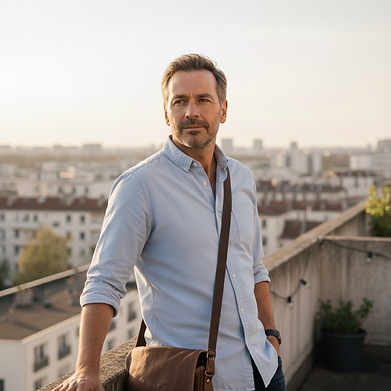 Professional portrait of a man on a rooftop with a city skyline at sunset