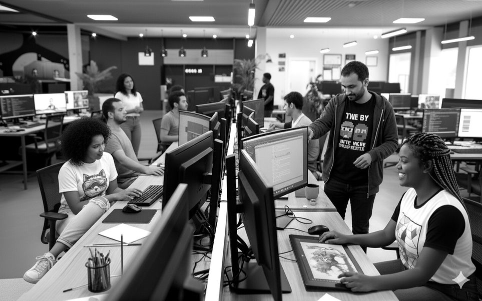 Engineering team pair-programming and reviewing code in a collaborative workspace — modern tech office