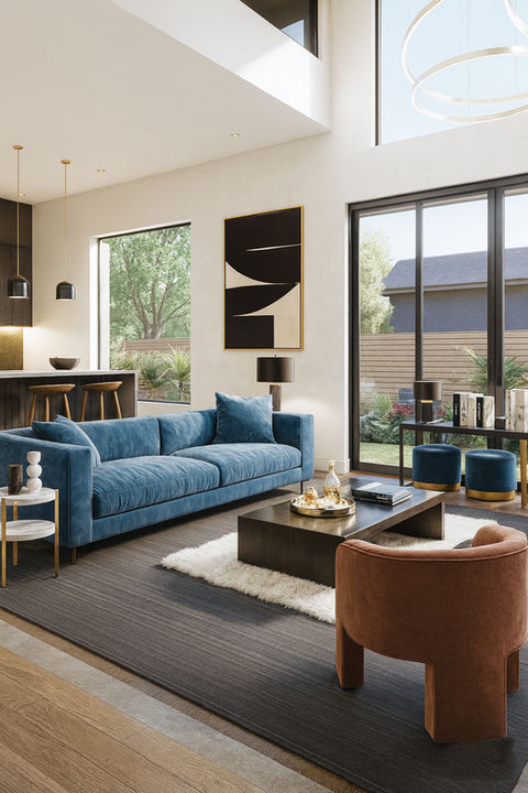 Salon ouvert sur le jardin, mobilier bois et assises modernes