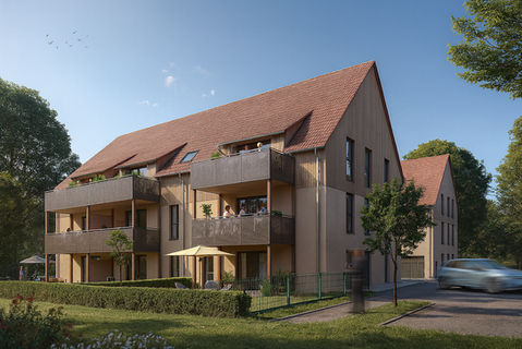 Résidence neuve à toiture à deux pans, espaces verts paysagers