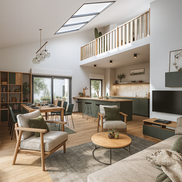 Perspective 3D intérieur style scandinave : salon, salle à manger et cuisine ouverte, tons bois et vert sauge.