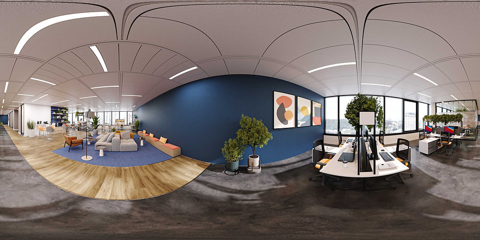 Panoramic modern office interior with lounge area, blue feature wall, open desks and large windows