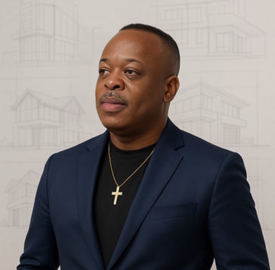 Professional portrait of a man in a navy blazer wearing a cross necklace, neutral studio background