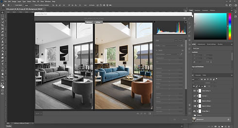 Post-production archviz dans Photoshop : correction colorimétrique d’un rendu intérieur, comparaison avant/après.