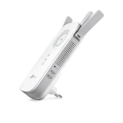 White WiFi extender with antennas, side buttons and ports. VISION GLOBALE DE L'