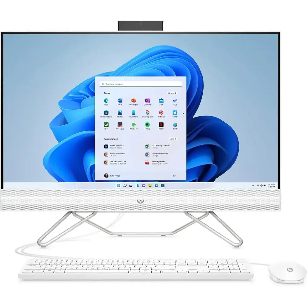 Ordinateur de bureau HP blanc avec système d'exploitation Windows 11 affiché à l'écran.