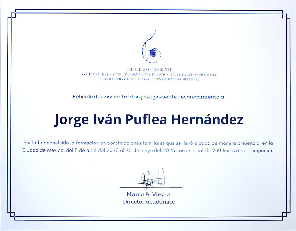 Certificado para Jorge Iván Puflea Hernández, formación en constelaciones familiares. Éternova MX