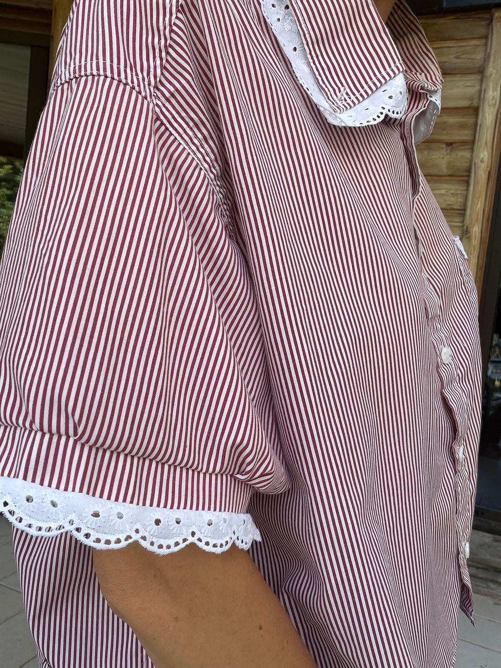 Miniature : 💐Chemise upcyclée à rayure bordeaux & broderies anglaise  - création unique