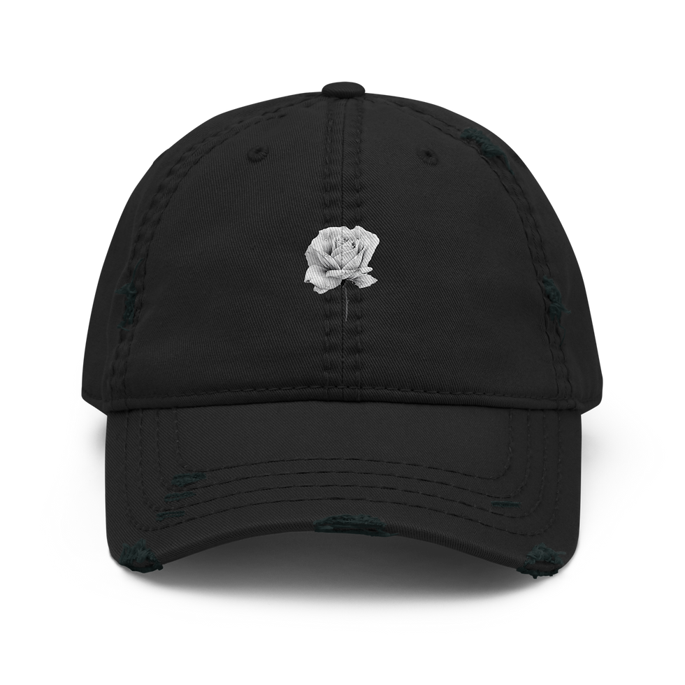 Miniatura: Distressed Dad Hat | Otto Cap 104-1018, negro, con rosa blanca, Rose Angel Handmade.