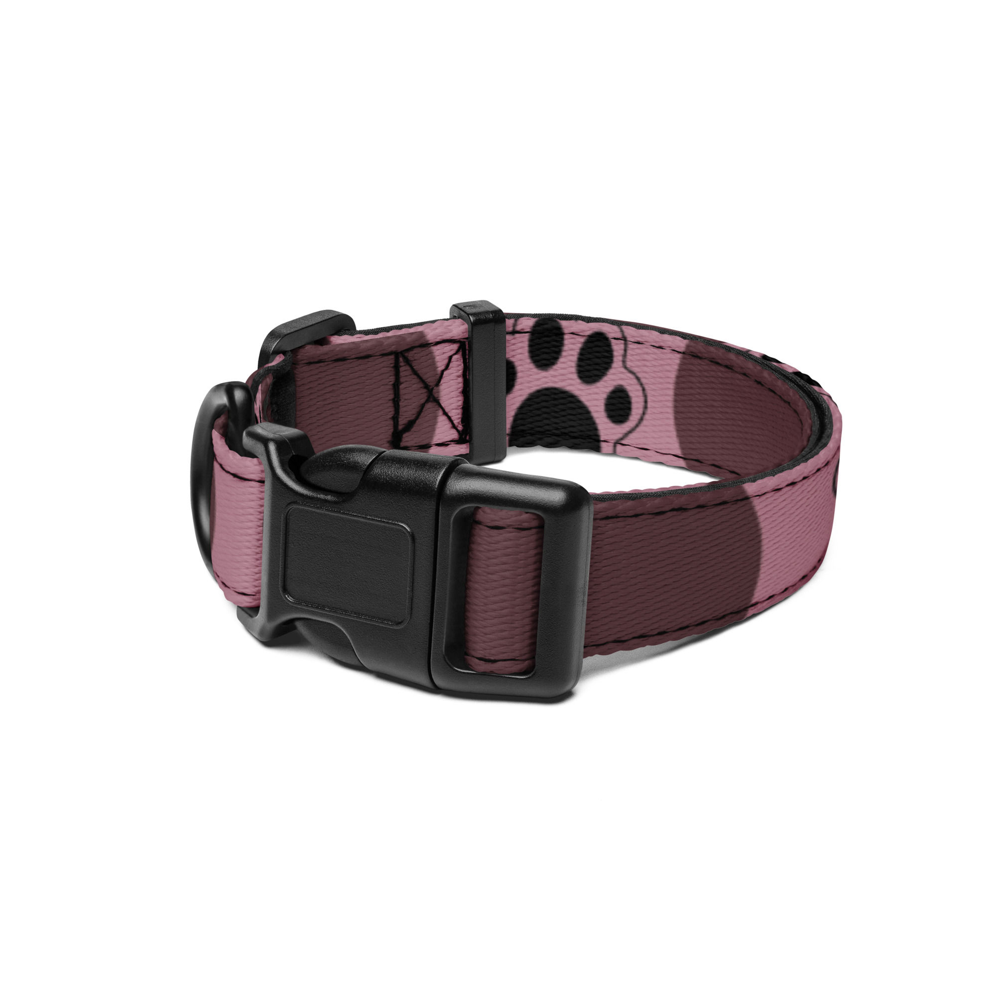 Collar para mascota con estampado de huellas, cierre negro, fondo blanco. Rose Angel Handmade.