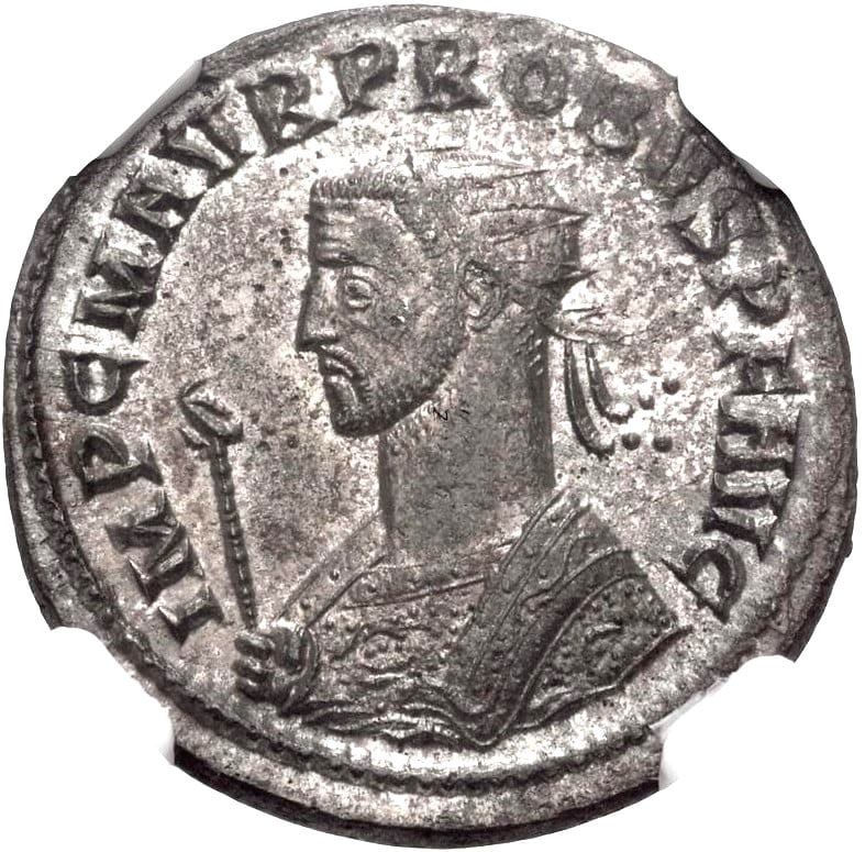 Miniatura: Moeda Romana Escassa Antoniniano de Probus (276-282 dC). Encapsulada NGC AU