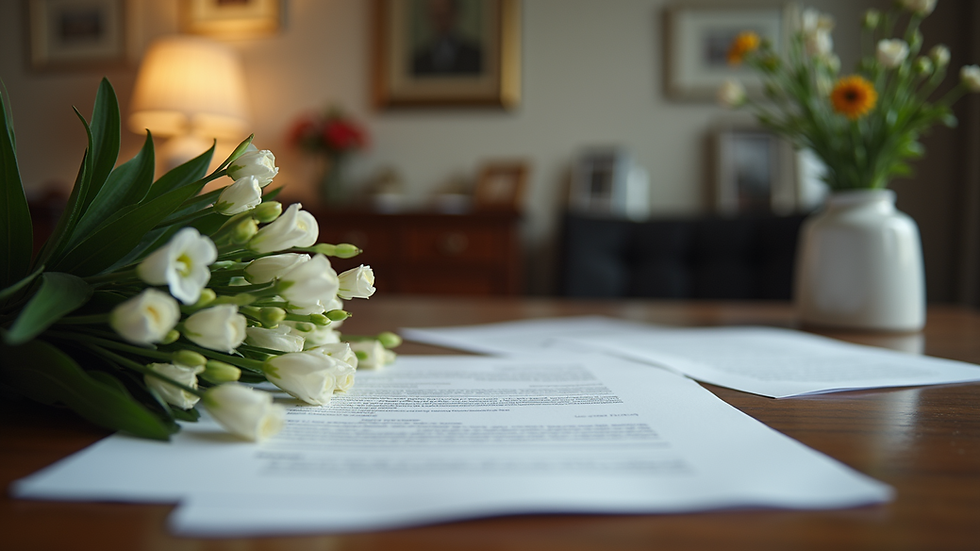 Close-up view of a funeral director’s office with paperwork and flowers
