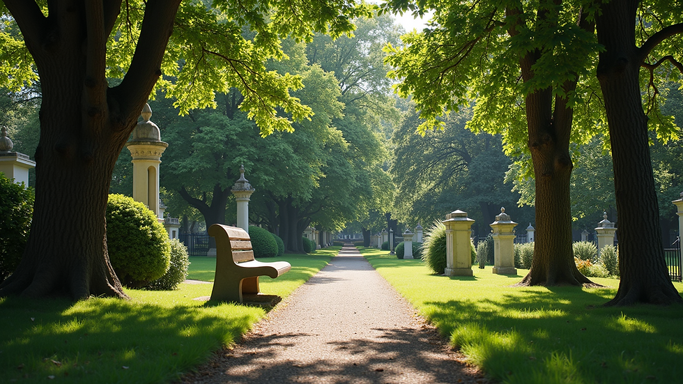 Wide angle view of a serene cemetery garden with benches