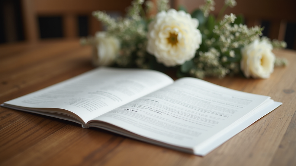 Close-up view of a memorial service program booklet on a wooden table