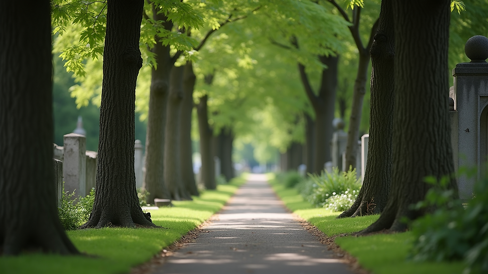 Eye-level view of a peaceful cemetery pathway lined with trees