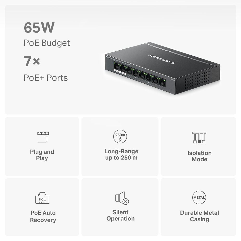 Mercusys 7個 PoE+連接埠的8 Gigabit 埠桌上型交換器