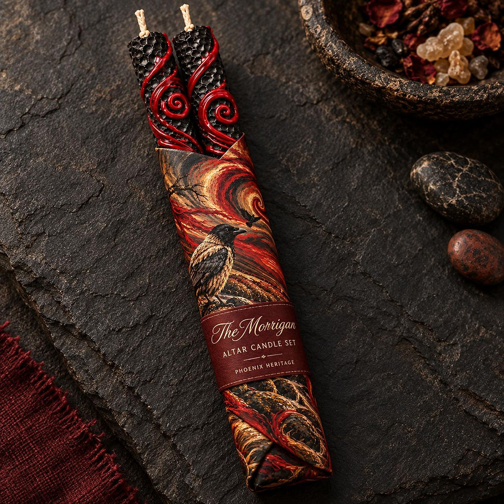 Two black honeycomb-textured candles with red wax swirls, wrapped in a paper sleeve featuring a crow illustration and red swirling patterns. The label reads The Morrigan Altar Candle Set Phoenix Heritage in white serif lettering.