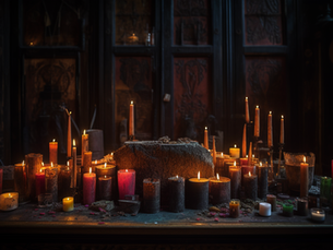 A mystical altar adorned with a variety of lit spell candles casting a warm glow in a dimly lit room.