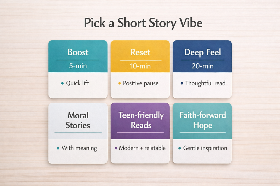 Short story vibe map grid with tiles for time, mood, teen-friendly, moral lessons, and faith-forward hope.
