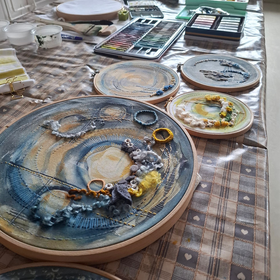 Mixed media textile hoops with paint, stitch, wool and layered texture, inspired by Anne Brooke’s creative textile workshops in Norfolk