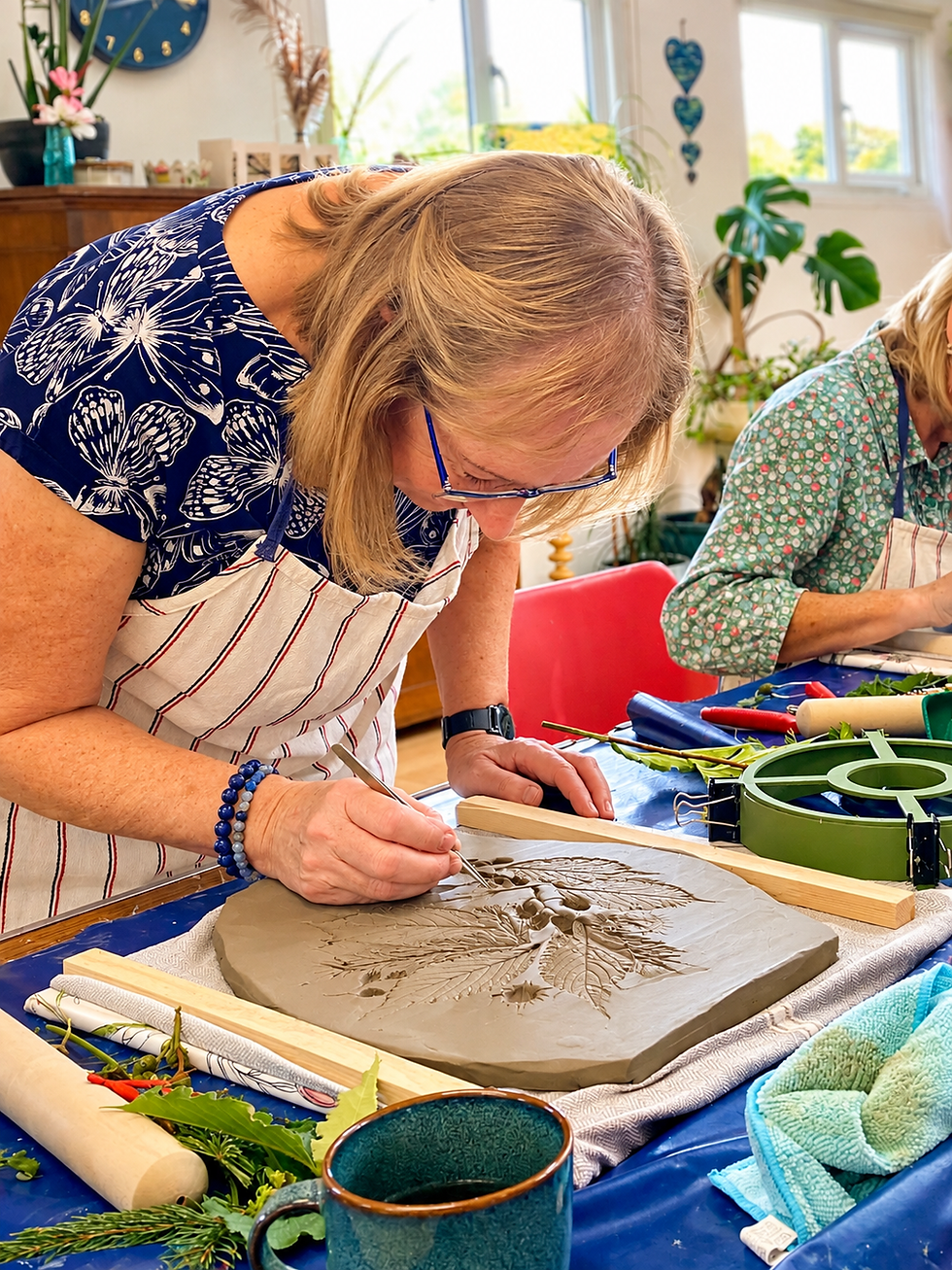 Hilary creating a botanical plaster cast using pressed flowers and plants during a creative workshop at Reef Make & Do in North Norfolk.