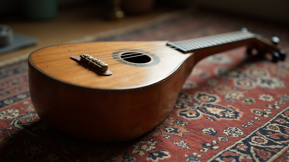 Close-up of a traditional oud instrument resting on a patterned rug