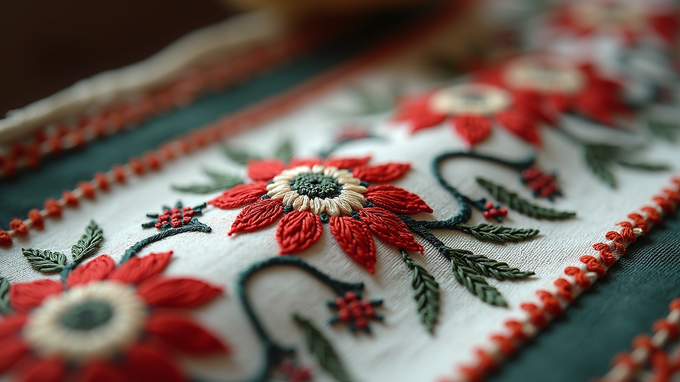 Close-up view of traditional Palestinian embroidery on fabric