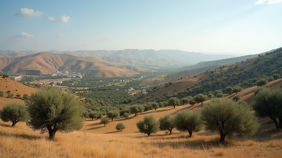 Wide angle view of a traditional Palestinian landscape with olive trees