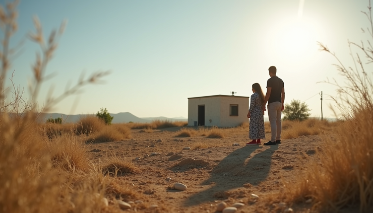 Eye-level view of a Palestinian family standing in front of their registered home plot