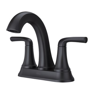 A sleek black sink faucet with the handles attack