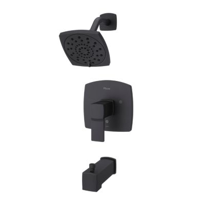 A set of black shower fixtures including the showerhead, handle, and faucet