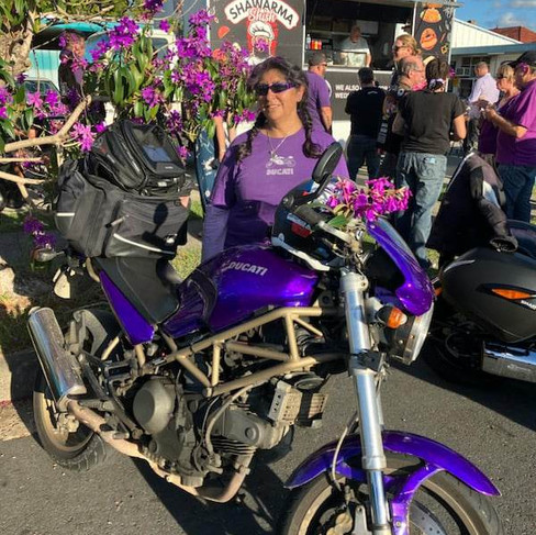 Purple Ducati and rider from Sydney at the bike night as featured in Brilliant-Online