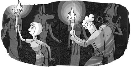 A black and white image of two explorers from the 1920s. They are inside an Egyptian tomb with hieroglyphics in the walls. The woman is leading and looks excited. The man follows and looks worriedly over his left shoulder. They both carry flaming torches.
