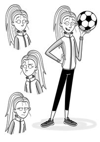 Black and white illustration of a full figure of a young, white girl in training gear and holding a football in her left hand. Three head and shoulder shots showing a range of facial expressions.