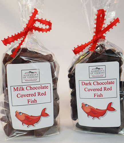 Milk or Dark Chocolate Red Gummi Fish | aldermanschocolate