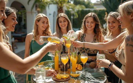 Bride tribe toasting tropical cocktails at Marbella hen do villa