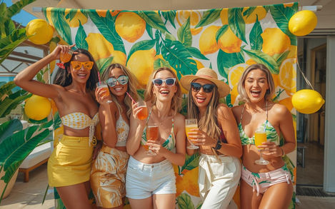 Bride tribe enjoying citrus themed pool party at Marbella hen do