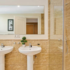 Light-filled ensuite bathroom with sleek finishes