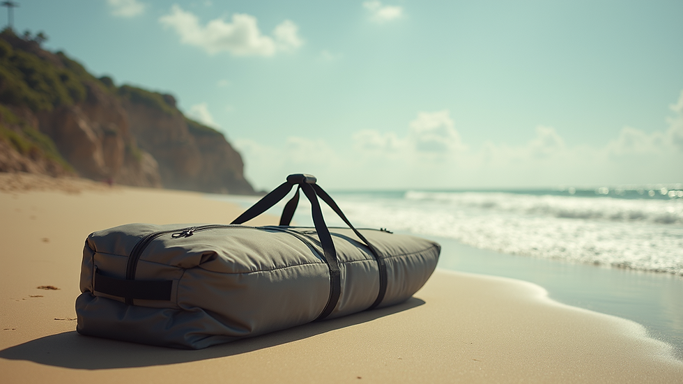 Eye-level view of a neatly packed surfboard bag on a sandy beach
