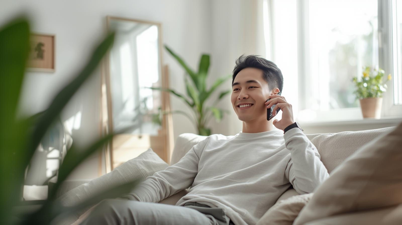 Smiling man on couch talking on phone