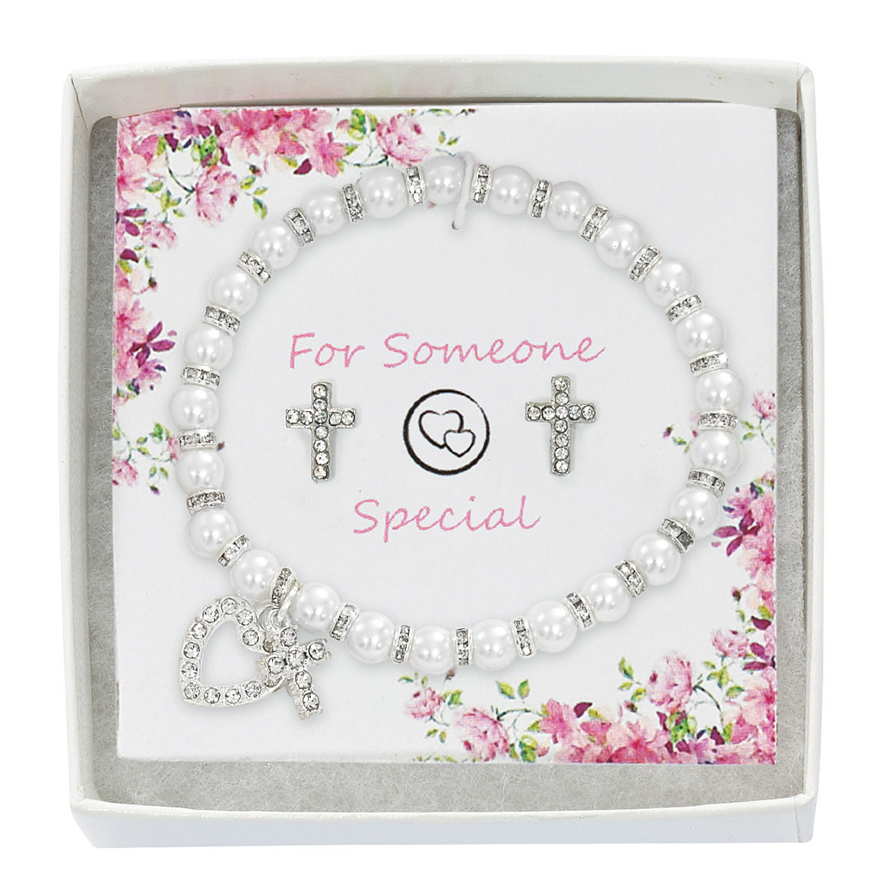 WHITE PEARL STRETECH BRACELET & CRSTAL CROSS EARRINGS SET