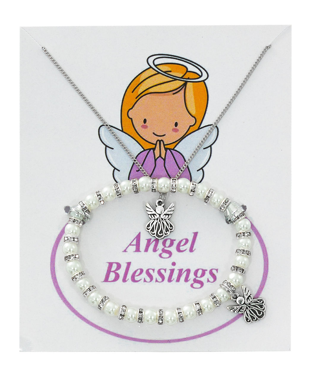 PEARL BRACELET & NECKLACE WITH ANGEL CHARM SET