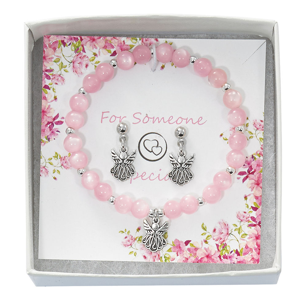 PINK CAT'S EYE ANGEL BRACELET & EARRINGS SET