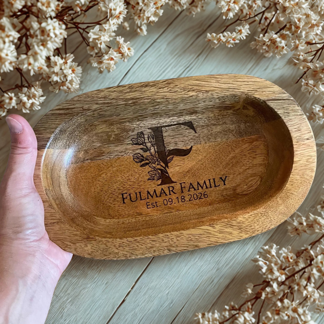 Personalized Family Dough Bowl: Engraved Wooden Gift with Scripture Cards